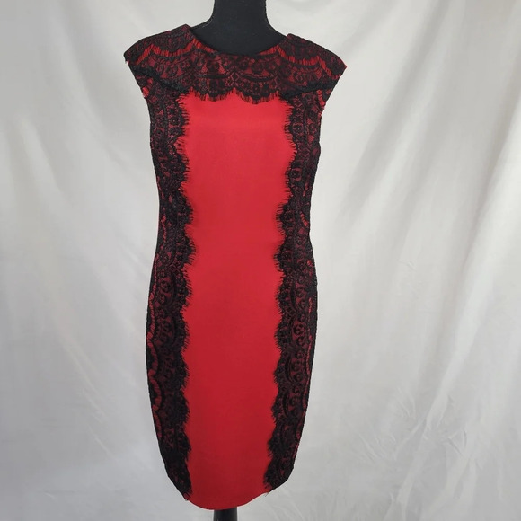 NWOT DRESSBARN COLLECTION RED high neck Sleevless Lace Color Blocking - Picture 6 of 8